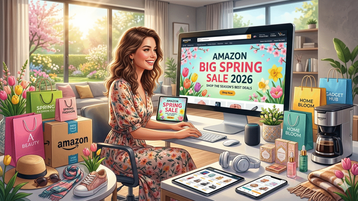 “Amazon Big Spring Sale 2026 featured deals including tech, beauty, fashion, and home products, spring shopping theme”