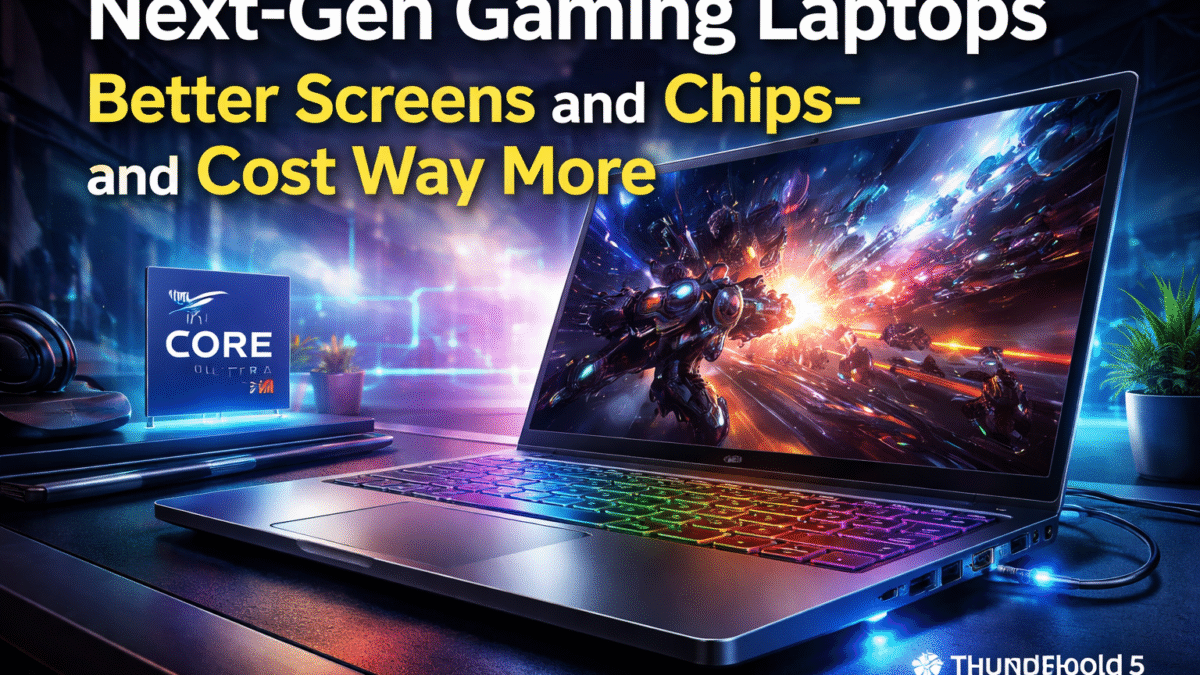 Next-generation gaming laptop with high-refresh-rate screen, Intel Core Ultra chip, and Thunderbolt 5 ports