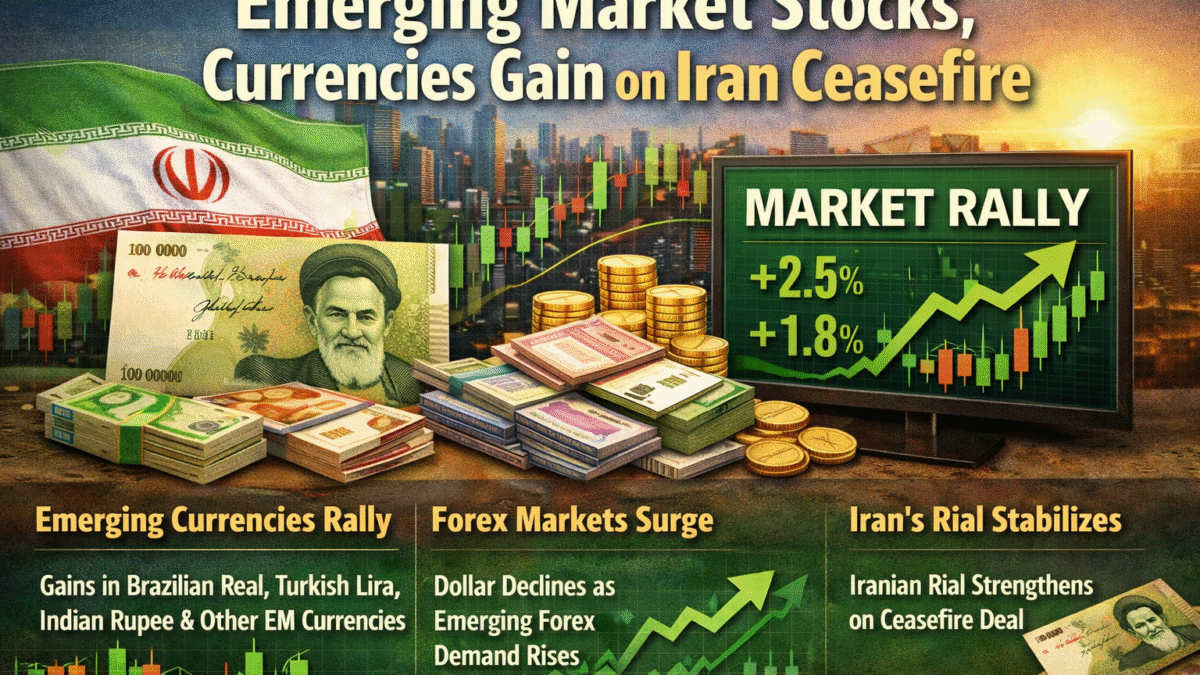 Graph showing emerging-market stock gains amid Iran ceasefire news.