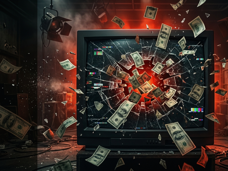 Hollywood industry crisis illustration with money and film reels