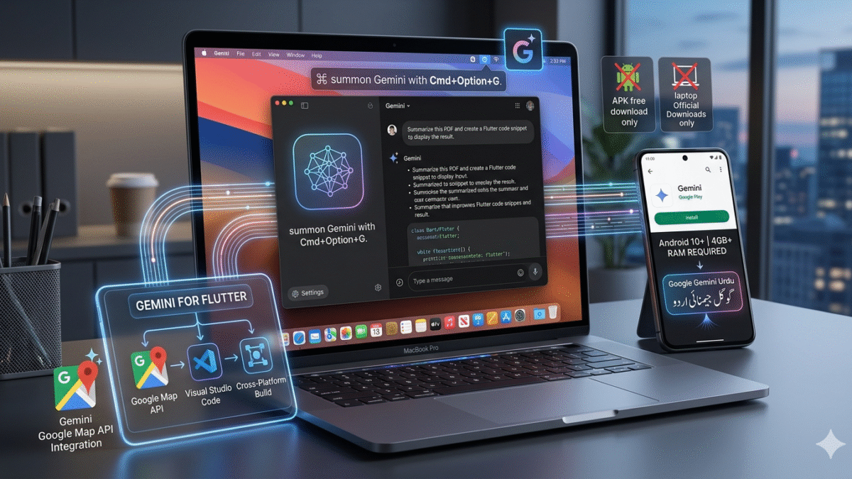 A MacBook Pro showing the native Google Gemini app interface with a floating window and Flutter code snippets, alongside a smartphone displaying Android requirements and Urdu language support, and digital icons for Gemini Google Map API integration.