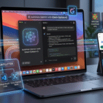 A MacBook Pro showing the native Google Gemini app interface with a floating window and Flutter code snippets, alongside a smartphone displaying Android requirements and Urdu language support, and digital icons for Gemini Google Map API integration.