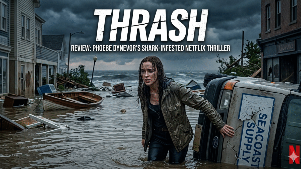 Phoebe Dynevor in a scene from the movie Thrash, standing in waist-deep water with a look of intense determination