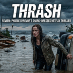 Phoebe Dynevor in a scene from the movie Thrash, standing in waist-deep water with a look of intense determination