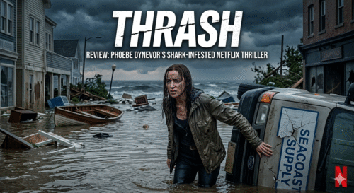 Phoebe Dynevor in a scene from the movie Thrash, standing in waist-deep water with a look of intense determination