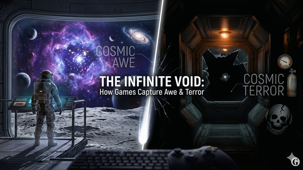 A dual-screen infographic visualizing 'Cosmic Isolation in Gaming'. The left side shows a lone astronaut looking out at a stunning, massive glowing nebula (COSMIC AWE), while the right side transitions into a dark, cramped spaceship corridor with a broken, flickering bulb looking into the starless, infinite void (COSMIC TERROR).