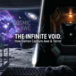 A dual-screen infographic visualizing 'Cosmic Isolation in Gaming'. The left side shows a lone astronaut looking out at a stunning, massive glowing nebula (COSMIC AWE), while the right side transitions into a dark, cramped spaceship corridor with a broken, flickering bulb looking into the starless, infinite void (COSMIC TERROR).