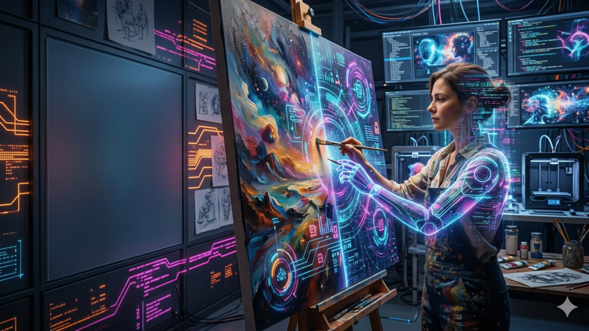 AI art creation with human artist collaborating digitally