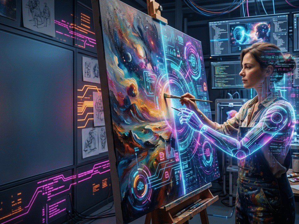 AI art creation with human artist collaborating digitally