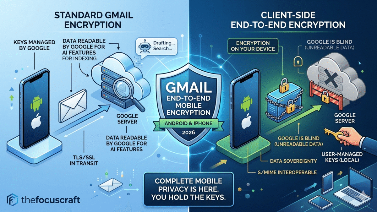 Diagram showing an encrypted email message traveling from an iPhone to an Android device, with a 'Google Server' in the middle unable to read the content
