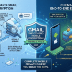 Diagram showing an encrypted email message traveling from an iPhone to an Android device, with a 'Google Server' in the middle unable to read the content