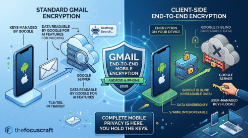 Diagram showing an encrypted email message traveling from an iPhone to an Android device, with a 'Google Server' in the middle unable to read the content