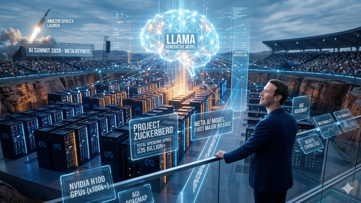 A futuristic digital illustration representing Meta's latest AI model launch, featuring a visionary figure in a high-tech data center surrounded by glowing blue server racks and complex AI neural networks