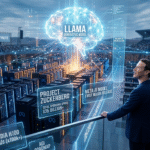 A futuristic digital illustration representing Meta's latest AI model launch, featuring a visionary figure in a high-tech data center surrounded by glowing blue server racks and complex AI neural networks