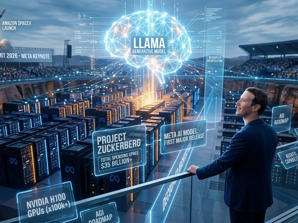 A futuristic digital illustration representing Meta's latest AI model launch, featuring a visionary figure in a high-tech data center surrounded by glowing blue server racks and complex AI neural networks