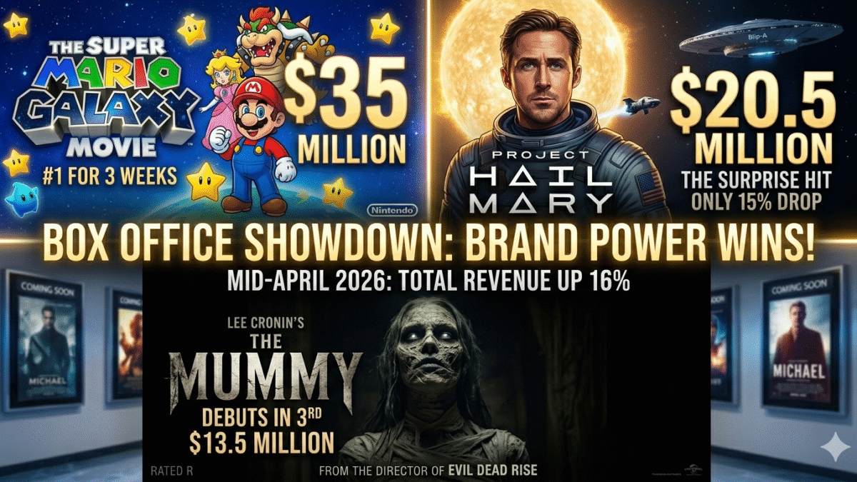 Side-by-side comparison of movie posters for The Super Mario Galaxy Movie, Project Hail Mary, and Lee Cronin's The Mummy representing 2026 box office battle"