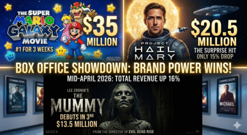 Side-by-side comparison of movie posters for The Super Mario Galaxy Movie, Project Hail Mary, and Lee Cronin's The Mummy representing 2026 box office battle"