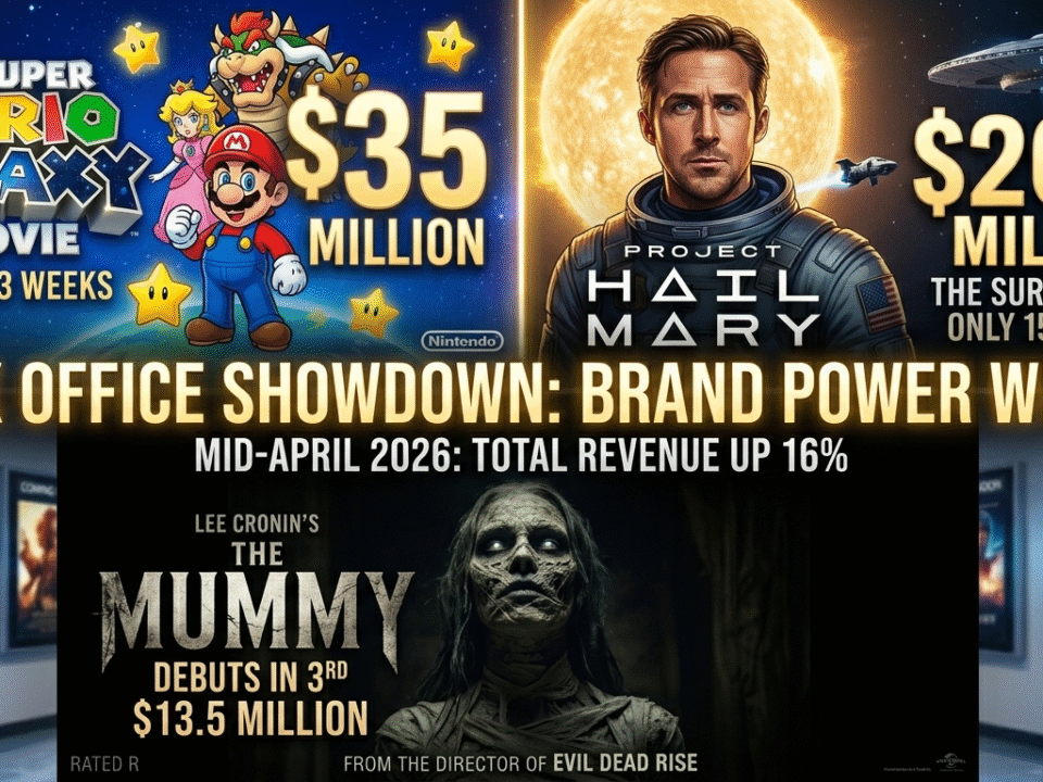 Side-by-side comparison of movie posters for The Super Mario Galaxy Movie, Project Hail Mary, and Lee Cronin's The Mummy representing 2026 box office battle"