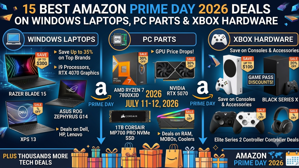 Gaming laptop, PC components, graphics card, SSD storage, and Xbox gaming accessories featured in Amazon Prime Day 2026 deals.