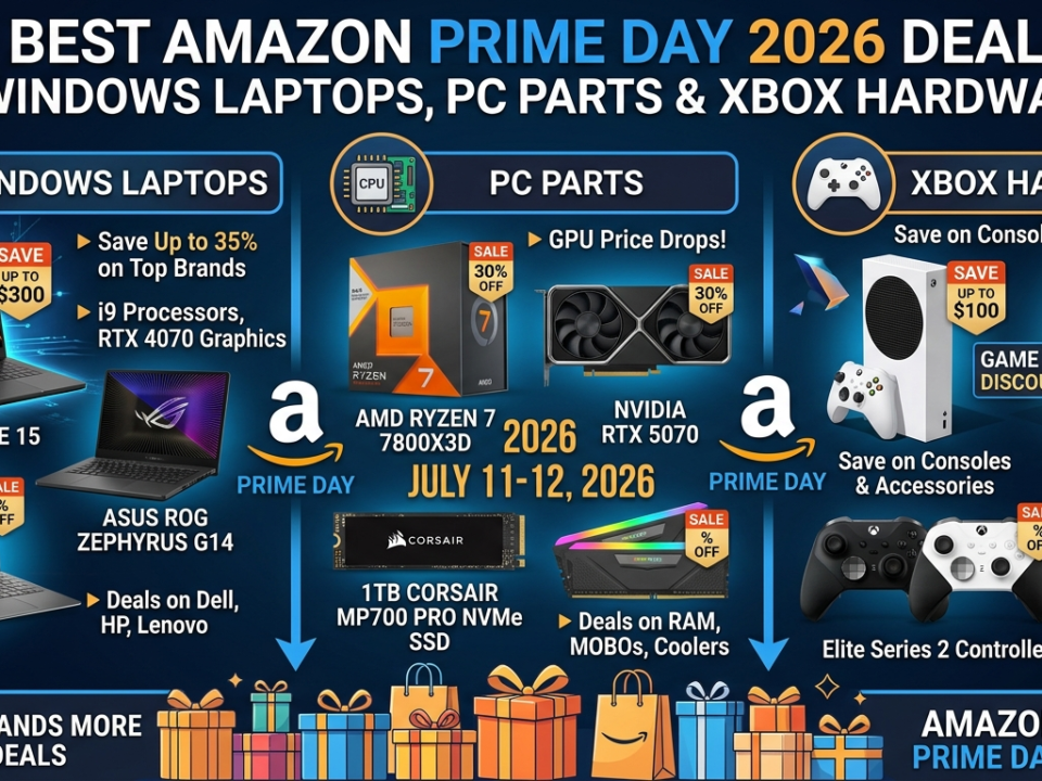 Gaming laptop, PC components, graphics card, SSD storage, and Xbox gaming accessories featured in Amazon Prime Day 2026 deals.