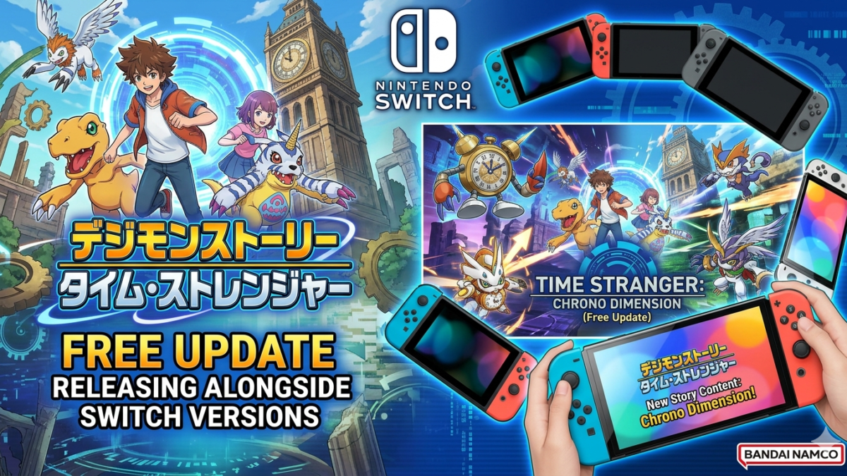 Digimon Story Time Stranger promotional artwork featuring Digimon characters, turn-based battles, and Nintendo Switch compatibility.