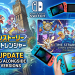 Digimon Story Time Stranger promotional artwork featuring Digimon characters, turn-based battles, and Nintendo Switch compatibility.