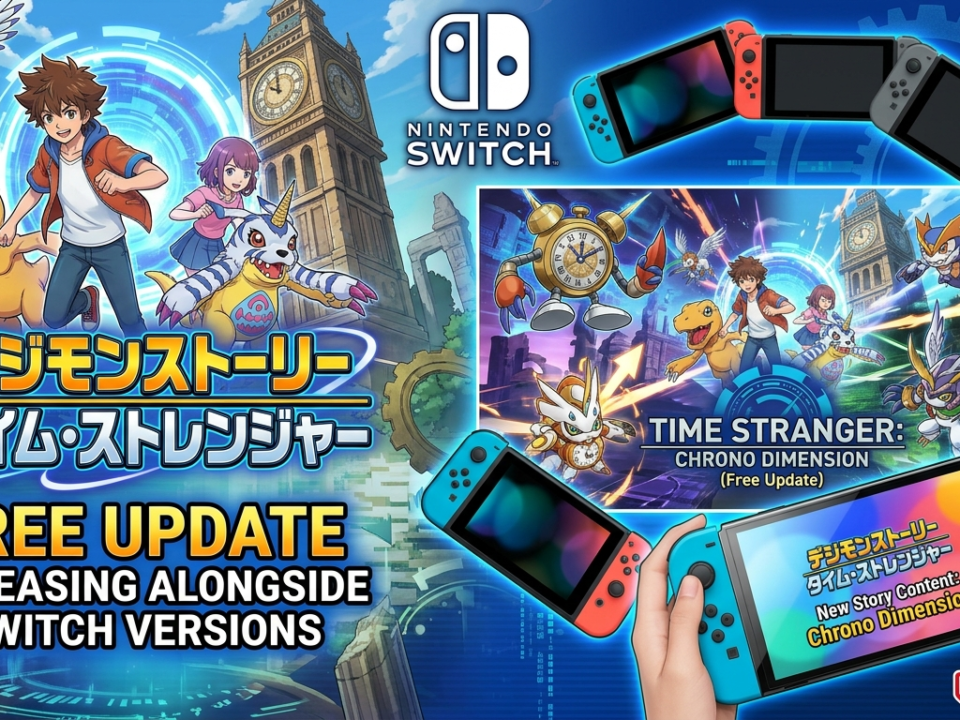 Digimon Story Time Stranger promotional artwork featuring Digimon characters, turn-based battles, and Nintendo Switch compatibility.