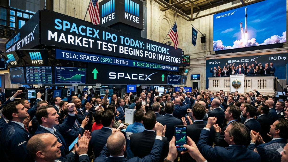 SpaceX stock market debut showing investors monitoring the historic IPO and share price performance on trading screens.