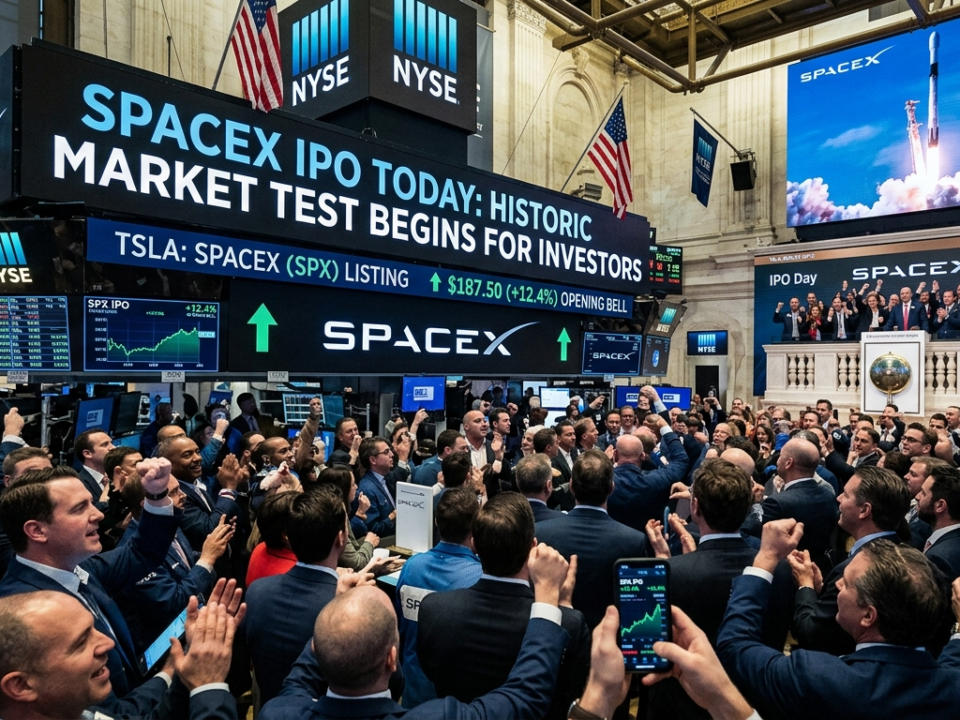 SpaceX stock market debut showing investors monitoring the historic IPO and share price performance on trading screens.