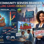 Minecraft multiplayer community server with players building together, representing the ongoing debate over community-hosted servers and digital game preservation