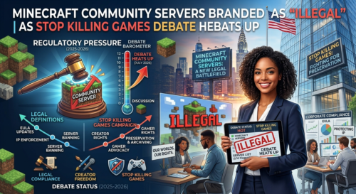 Minecraft multiplayer community server with players building together, representing the ongoing debate over community-hosted servers and digital game preservation