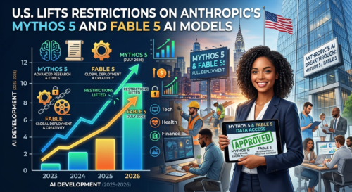 Anthropic Mythos 5 and Fable 5 AI models displayed on a laptop with AI technology graphics representing expanded global access