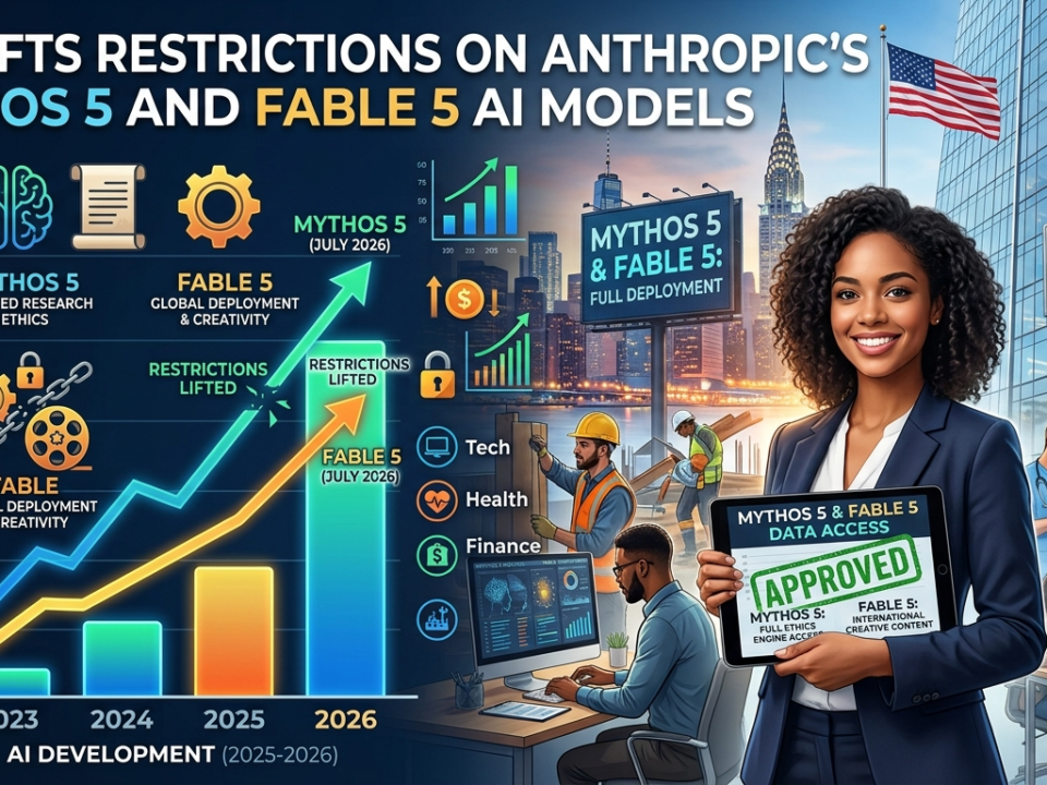 Anthropic Mythos 5 and Fable 5 AI models displayed on a laptop with AI technology graphics representing expanded global access