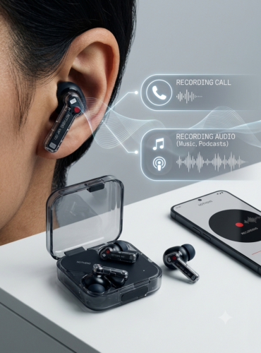 Nothing Ear (3A) wireless earbuds with transparent design, featuring call recording, Audio Snapshot, and active noise cancellation