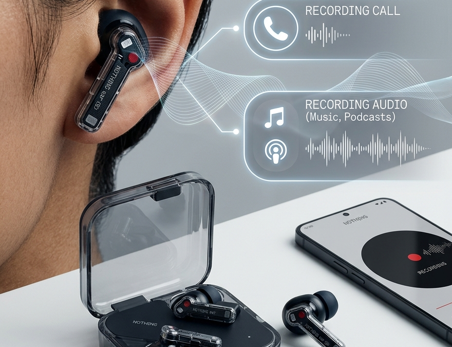 Nothing Ear (3A) wireless earbuds with transparent design, featuring call recording, Audio Snapshot, and active noise cancellation