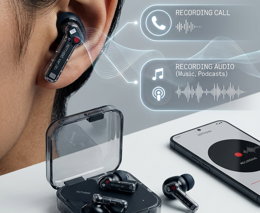 Nothing Ear (3A) wireless earbuds with transparent design, featuring call recording, Audio Snapshot, and active noise cancellation