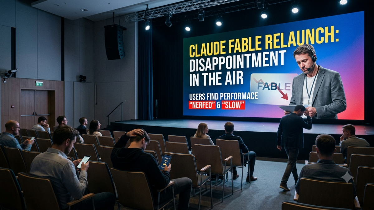 Claude Fable AI interface displaying coding and reasoning tasks with users discussing reduced performance after the relaunch